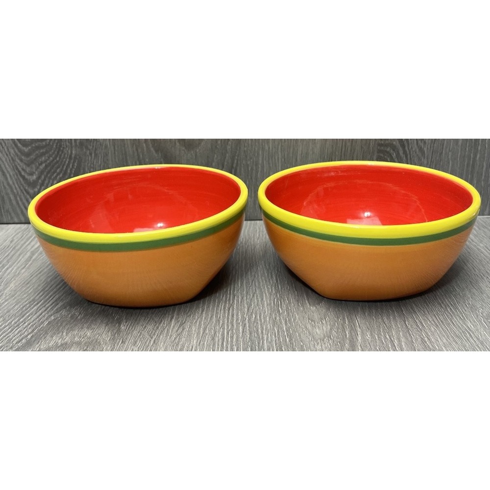 Dansk Handpainted Orange Red Yellow Green Ceramic Bowls Set of 2 Microwave